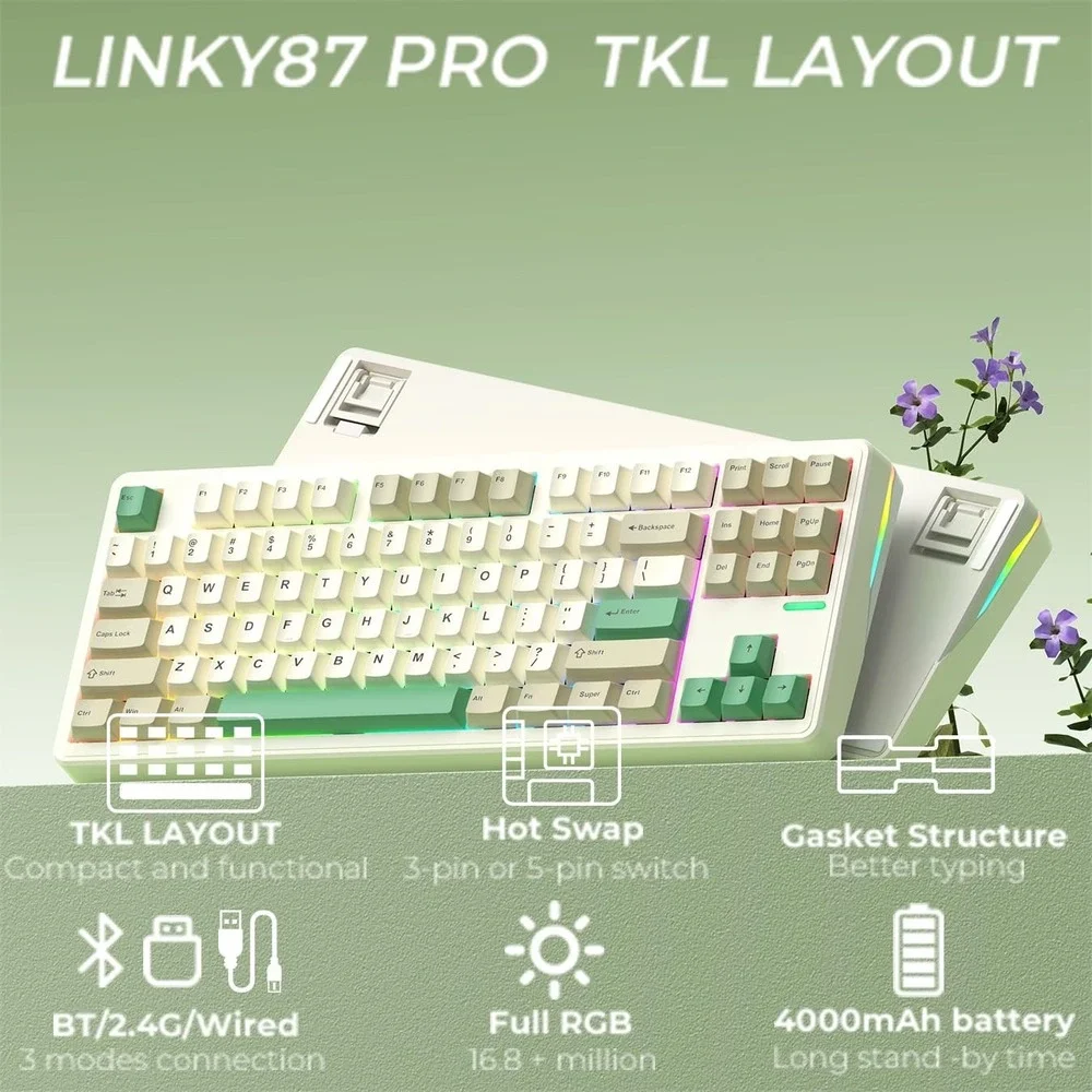 ELECFOX Linky 87 Pro 87% TKL Hot Swappable Mechanical Keyboard RGB Wireless